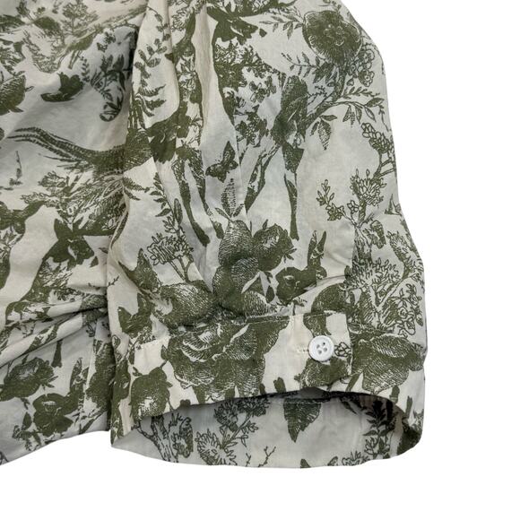 Maison Blanche Oversized Crop Button Up Blouse Nature Print Fox Deer Birds L/XL - Picture 3 of 5
